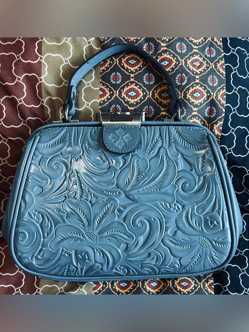 Patricia Nash Gracchi Tooled Leather Frame Satchel P384244 Safflower Blue